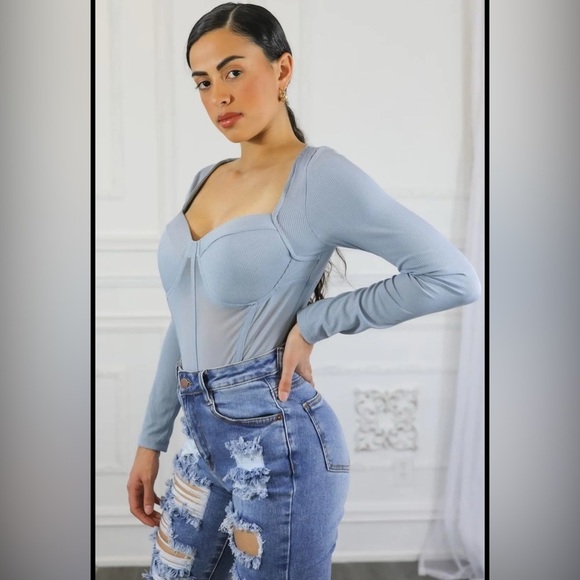 Women's Blue Long Sleeve bodysuit Top - Picture 3 of 3